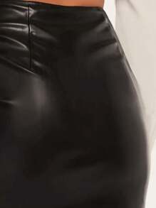 大码女士性感PU皮拉链高腰迷你裙，适合性感女士，可作工作办公室铅笔裙，秋季黑色优雅春季款 - 黑色 - 查看 4