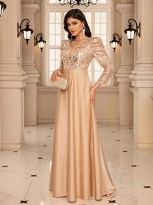 Elegant V-Neck Three-Quarter Sleeves Glitter Sequin Bodice Contrast Satin Hem Dress, Elegant Ball Gown For Wedding Guests, Graduations, Dinner Parties, Party Dress, Formal Dress, Evening Dress - Champagne - View 4