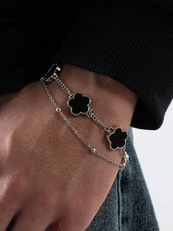 1pc Lucky 4-Leaf Clover Charm Casual Men's Bracelet, Suitable For Business, Dating And Gifts (No Gift Box, Random Beads For The First Layer)