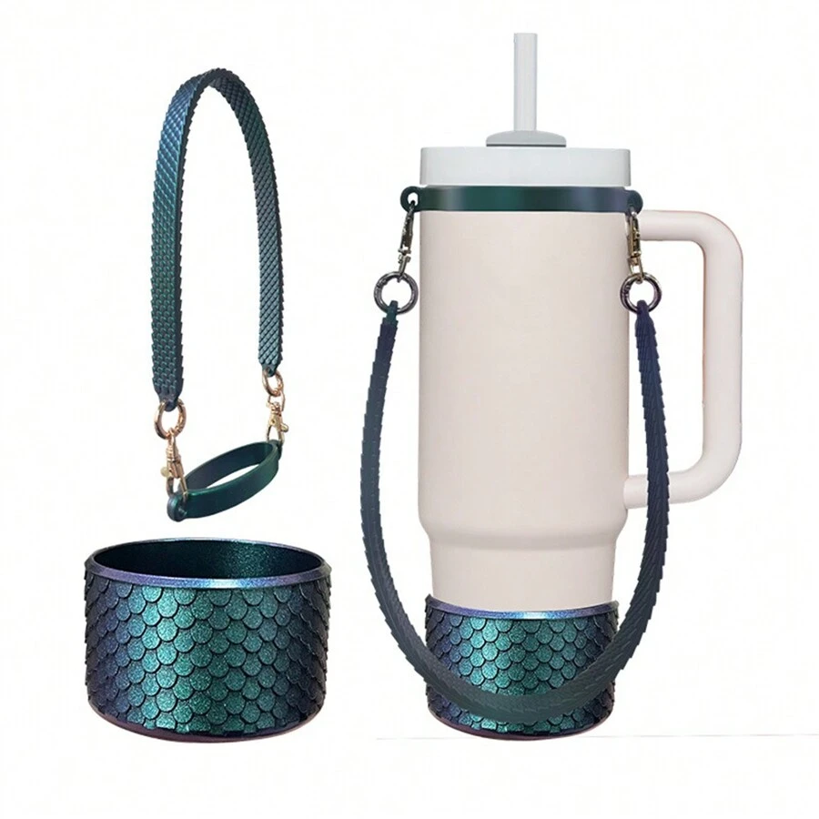 硅胶杯套，适合直径 7.5 厘米的玻璃杯，便携式手柄带支架，通用保温杯 - 手提+杯套 - 查看 1