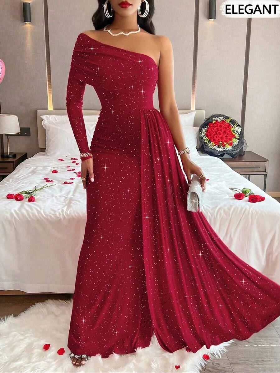 Elegant Ruffle Trim Asymmetric Neckline One Shoulder Long Dress, Suitable For Parties, Events, Holidays, Anniversaries, Party Dress, Wedding Guest Dress, Formal Dress, Evening Dress,Gown - Red - View 1