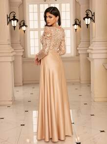 Elegant V-Neck Three-Quarter Sleeves Glitter Sequin Bodice Contrast Satin Hem Dress, Elegant Ball Gown For Wedding Guests, Graduations, Dinner Parties, Party Dress, Formal Dress, Evening Dress - Champagne - View 2