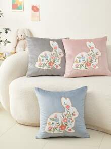 1pc Easter Smog Blue Velvet Floral Rabbit Embroidered Decorative Pillow Cover, Suitable For Indoor Decor, Easter Decorative Pillow Cover, Pillow Insert Not Included - Dusty Blue - View 2