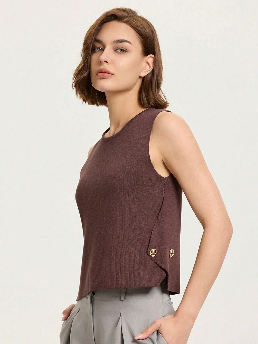 Sleeveless Crew Neck Knit Tank Vest With Side Snaps - Brown - View 1