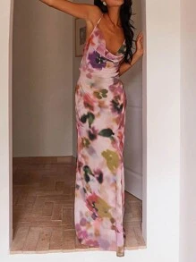 Sexy Backless Draped Neck Floral Print Dress, Sleeveless Fashion Vacation Beach Sundress - Pink - View 1