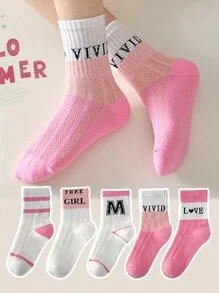 5 双女童儿童袜子粉色字母图案薄款婴儿袜子网眼袜休闲运动适合日常 - 彩色 - 查看 1