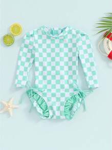 Girls Bikini Beach Swimwear Long Sleeve Checkerboard Print Ruffle Romper Bathing Suit - Verde - Ver 1