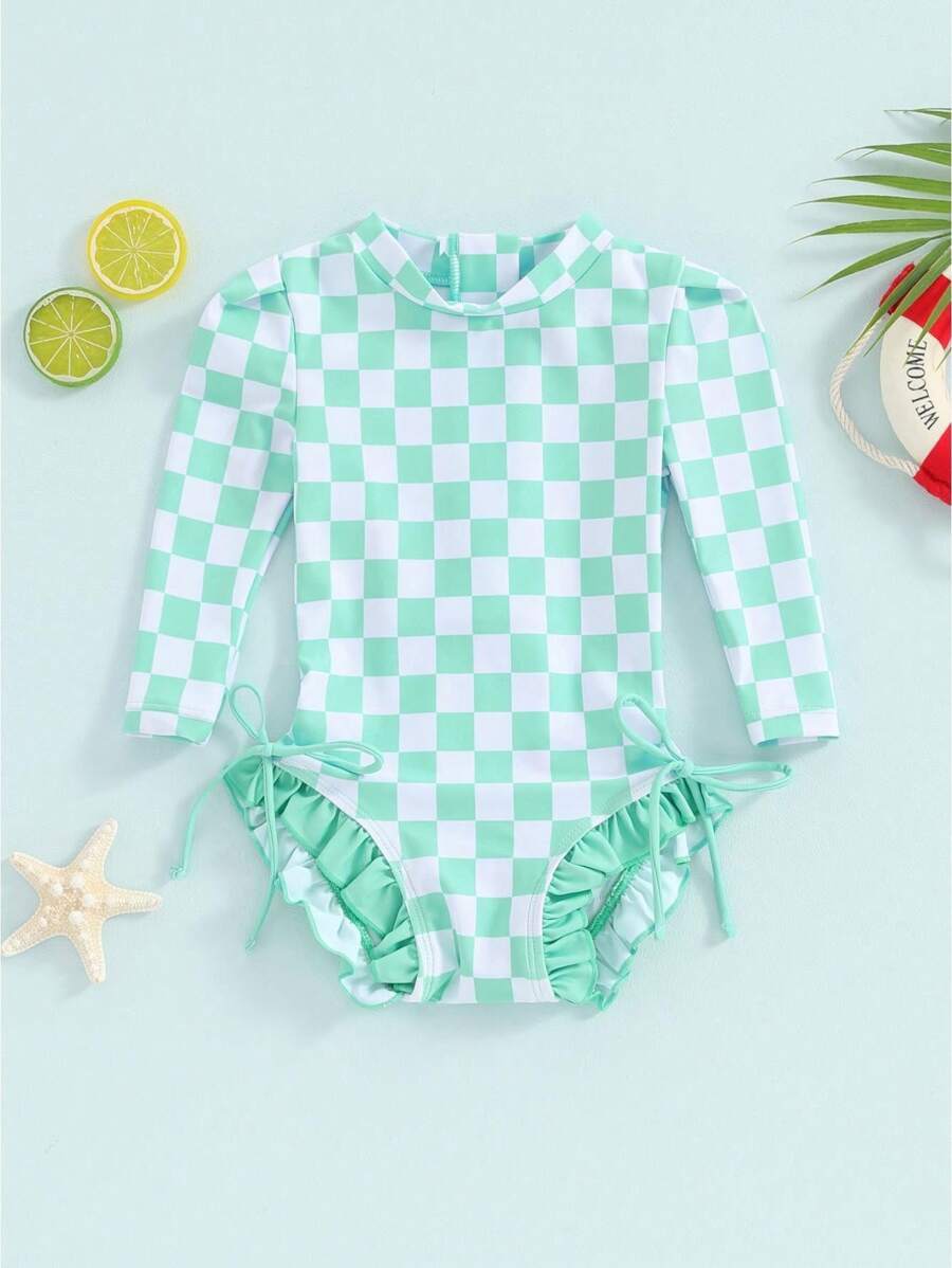 Girls Bikini Beach Swimwear Long Sleeve Checkerboard Print Ruffle Romper Bathing Suit - Verde - Ver 1