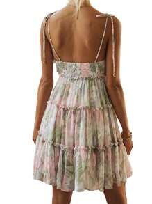 Women's Plus Size Summer Spaghetti Strap Floral Print Ruched Ruffle Hem A Line Short Dresses - Hồng - Xem 2