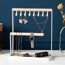 1pc Jewelry Organizer Necklace Stand, 2-Tier Jewelry Stand Wooden Ring Earring Tray, 8 Hooks Bracelet Hanging Display Rack For Earrings Rings Watches Storage Valentine's Day - Multicolor - View 11