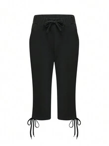Women's Fashion Casual Mid Waist Drawstring Pocket Capri Pants, Spring & Summer - Black - View 2