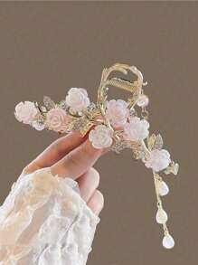 1pc Women Elegant Sophisticated Alloy Flocked Rose Rhinestones, Faux Pearl & Tassel Butterfly Hair Claw Clip Suitable For Everyday Use Hair Clips Hair Jaw Clip Hair Clamps Hair Clutch Hair Catcher Clip Fall Winter Hair Accessories For Women For Vacation Outfits Woman - Pink - View 12