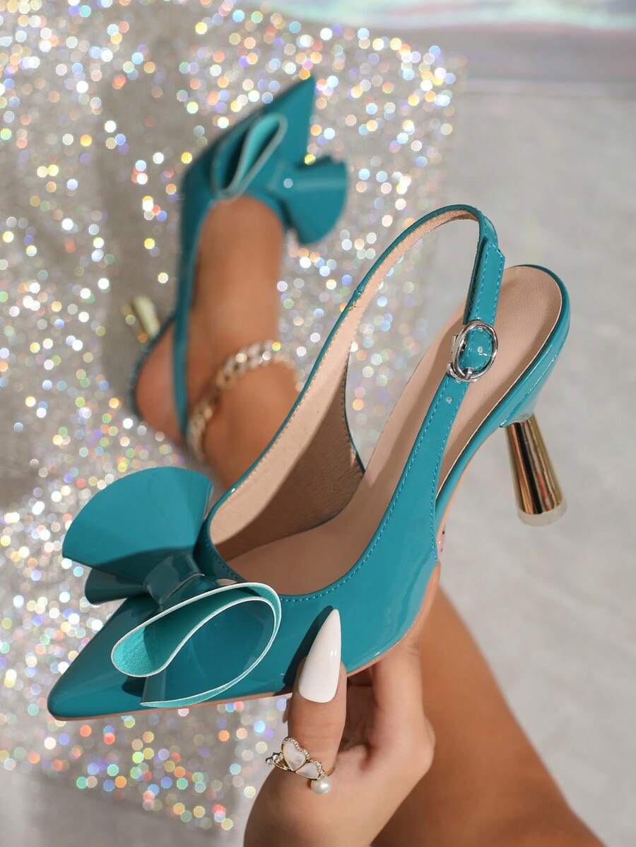 Women's Floral Bow Elegant Pointed Toe High Heel Sandals, Solid Color Formal Dress Party Shoes - Blue - View 1
