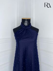 Vestido de Pérolas | Forro de Cetim Soltinho Rodado Gola Alta Romântico - Festa Casamento Aniversário Eventos Formatura