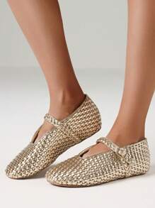 Women's Woven Ballet Flats Fashion Buckle Strap Round Toe Casual Comfortable Mary Jane Flat Ballerina Shoes Woman - Gold Woven - 查看 5