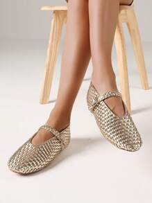 Women's Woven Ballet Flats Fashion Buckle Strap Round Toe Casual Comfortable Mary Jane Flat Ballerina Shoes Woman - Gold Woven - 查看 4