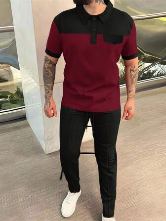 春夏亮色男士 Polo 衫和裤子两件套，休闲运动短袖撞色翻领衬衫 + 长裤，适合休闲、户外、旅行、日常穿着