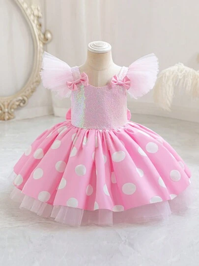 小女孩亮片蝴蝶结薄纱盖袖波尔卡圆点粉色圣诞派对优雅连衣裙，公主裙，适合女孩生日礼物，派对，婚礼花童，正式礼服