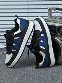 New 2025 Men Sports Shoes, White/Black Colorblocked With Blue, Comfortable, Minimalist, Elegant Design, Stable, Versatile Lace-Up Casual/Business Sneakers, Ideal For Walking, Commuting, Gifts, Dates
