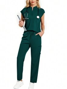 Conjunto de 2 piezas con top de cuello alto y pantalones largos, uniforme - Verde - Ver 6
