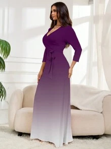Plus Size Women's Deep V-Neck Elegant Long Sleeve Dress, Printed Knit Fabric, Women Summer Vacation Outfits