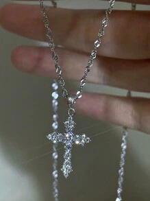 1pc Sparkling Light Luxury Zirconia Cross Pendant, Unisex Necklace Design, Niche Personalized, Simple And Versatile Elegant, Neck Chain, Collarbone Chain Necklace Suitable For Daily Use, Commuting, Dating, Gifting To Boyfriend/Girlfriend - Multicolor - View 1