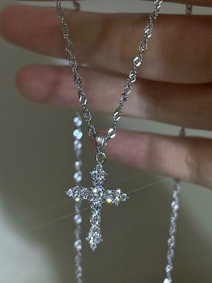 1pc Sparkling Light Luxury Zirconia Cross Pendant, Unisex Necklace Design, Niche Personalized, Simple And Versatile Elegant, Neck Chain, Collarbone Chain Necklace Suitable For Daily Use, Commuting, Dating, Gifting To Boyfriend/Girlfriend - Multicolor - View 1