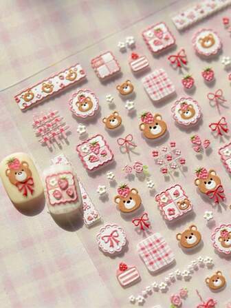 1 件可爱卡通迷你咖啡色熊指甲配件贴纸 5D 红色浮雕草莓蝴蝶结自粘指甲贴纸 DIY 美甲装饰贴花