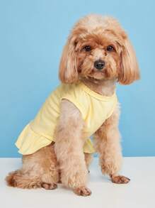 1pc Ruched T-Shirt Dress, Princess Ruffle Hem, Sleeveless Pet Dog Cat Dress, Spring/Summer - Yellow - View 4