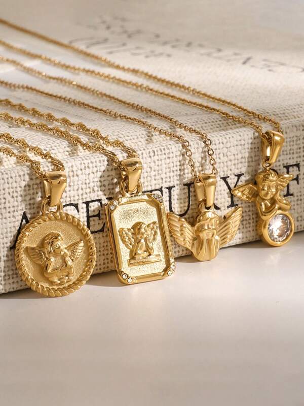 Uworld 1Pc Fashion Exquisite Geometric Relief Angel Pendant Necklace 18K Gold Plated Stainless Steel Necklace Suitable For Daily Wear Holiday Festival Party Etc