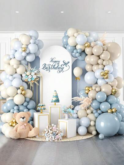 122pcs Marca Blue Sand White Metal Gold Balloon Glue Chain &2pcs Balloon Accessories, Perfect Decoration For Birthday Wedding Bridal Shower Party Holiday Anniversary Celebrations Room Wall Photography Background Decoration, Babe Shower Party Decorative Balloon Garland Arch Kit, Party Gifts Favor