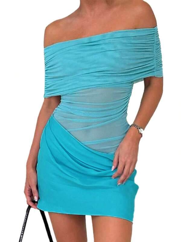 Women's Summer Mini Party Dresses Short Sleeve Off Shoulder Solid Color Ruched Mesh Dresses