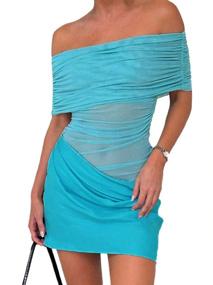 Women's Summer Mini Party Dresses Short Sleeve Off Shoulder Solid Color Ruched Mesh Dresses - Blue - View 1
