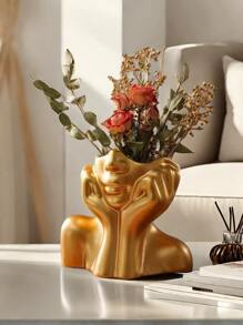 Goldfarbene keramische facettierte Vase, Vase in Halbbüste Frauenkopfform, bohemsicher Feminismus, einfache Dekoration im modernen nordischen Stil, Blumenvase geeignet für Zuhause, Wohnzimmer, Büro, Bücherregal, Dekoration, Hochzeit, Tischdekoration, Party