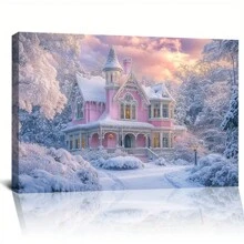 Decoración de arte de Casa de Jengibre rosa de Navidad, Póster de Navidad rosa, perfecto para el hogar y salas de estilo granja