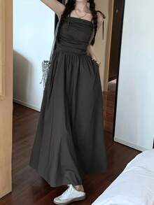女士时尚收腰A字长连衣裙，夏季优雅 - 深灰色 - 查看 6