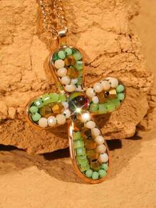 1 pièce Collier pendentif croix en cristal de turquoise de style boho occidental, perle de faux. Convient pour les vacances, les fêtes, les cadeaux et le port quotidien pour les femmes