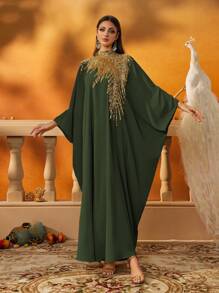 AmazingHoney Elegant Green Loose-Fit Kaftan Dress With Gold Sequin Embellishments, Party Modest Abaya, Formal Muslim Dress, Evening Gown,Abaya Dress (Loose Fit– Please Check Size Chart)
