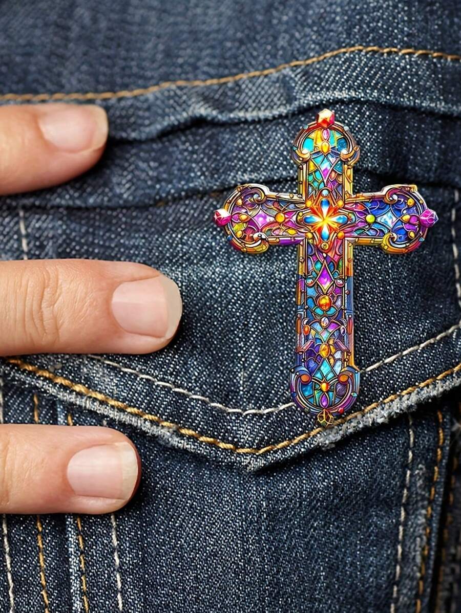 One Piece, Creative And Fashionable Colorful Crystal Pattern Cross Brooch, 2D Acrylic Brooch, Chic Lapel, Suitable For Men And Women's Suit Brooch, Sweater Scarf Coat Accessories, Party Birthday Gift