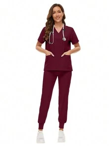 Scrubs Women Nursing Beauty SPA Uniforms Pet Clinic Store Veterinary Dentistry Work Clothes Set High-Quality Nurse Uniform - Burgundy - View 4