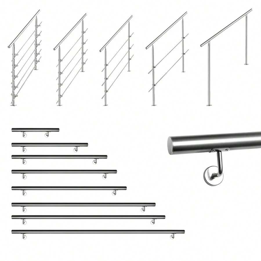 Lospitch Handrail Stainless Steel 80cm/100cm/120cm/150cm/160cm/180cm, Stair Railing Inside & Outside, Ø 42mm, With 0/2/3/4/5 Cross Braces For The Garden, Staircase Inside - 150cm - View 1