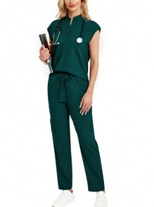 Conjunto de 2 piezas con top de cuello alto y pantalones largos, uniforme - Verde - Ver 5