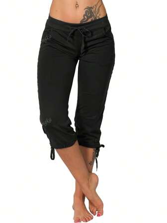 Women's Fashion Casual Mid Waist Drawstring Pocket Capri Pants, Spring & Summer