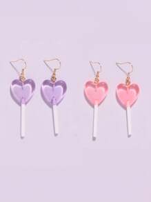4pcs/Set Double Color Heart Lollipop Earrings, Two Color Combinations: Pink/Purple, Orange/Blue, Cute & Girl Earrings - Multicolor - View 2