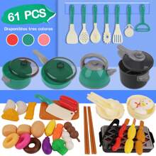 Juego de Juguetes de Cocina, Mini Juguetes de Cocina de Simulación para Niños, Utensilios de Cocina, que Incluyen Ollas a Presión, Cocinas de Inducción y Cubiertos, Comida - Conjunto verde de 61 piezas - Ver 3