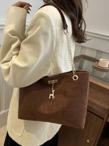 1pc Polyester Deer Pattern Decorative Large Capacity Zipper Shoulder Tote Bag, Suitable For Women's Daily Use - Coffee Brown - View 8