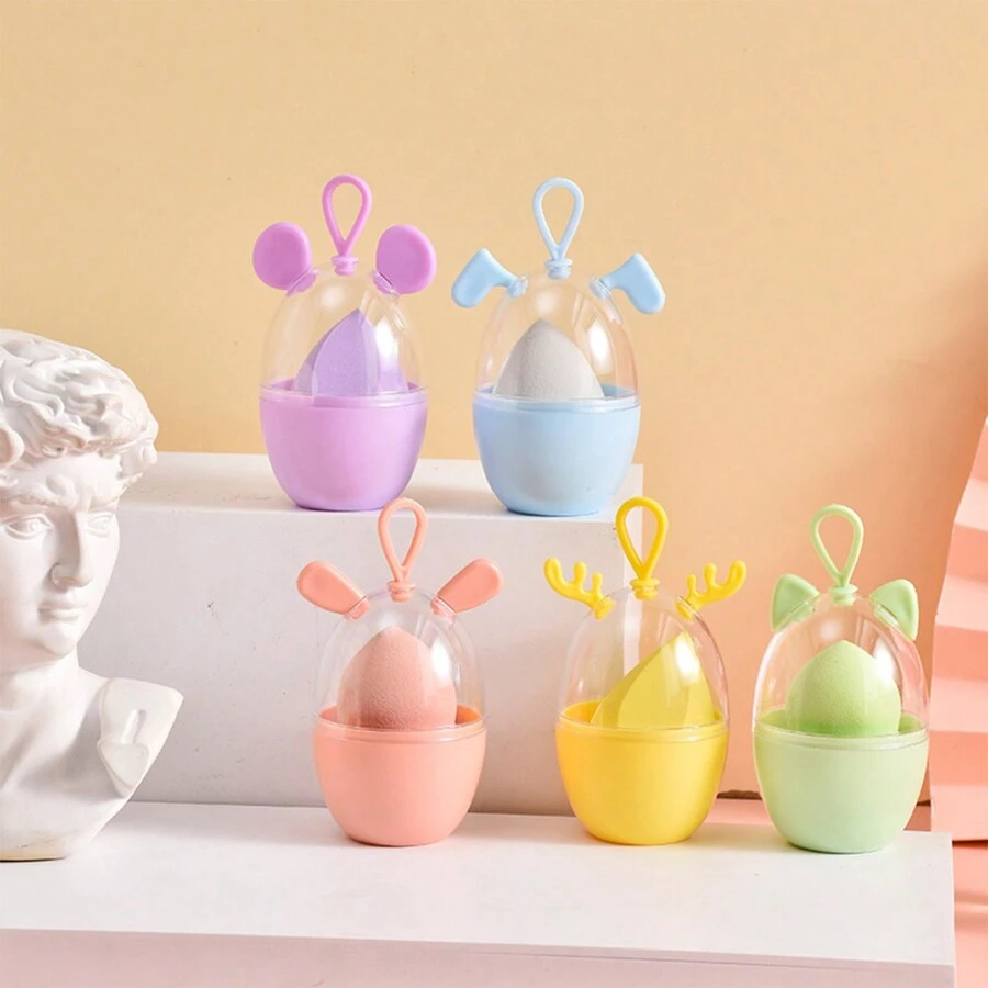 Set de 9 esponjas de maquillaje mini y 1 caja de almacenamiento con tapa - para base de líquido, polvo y crema, dispensador visual de herramientas de maquillaje lindas