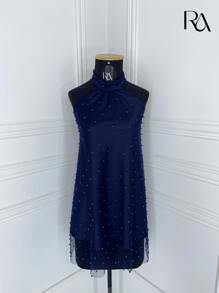 Vestido de Pérolas | Forro de Cetim Soltinho Rodado Gola Alta Romântico - Festa Casamento Aniversário Eventos Formatura