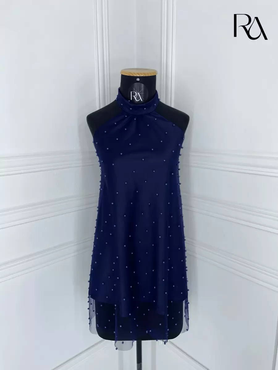 Vestido de Pérolas | Forro de Cetim Soltinho Rodado Gola Alta Romântico - Festa Casamento Aniversário Eventos Formatura