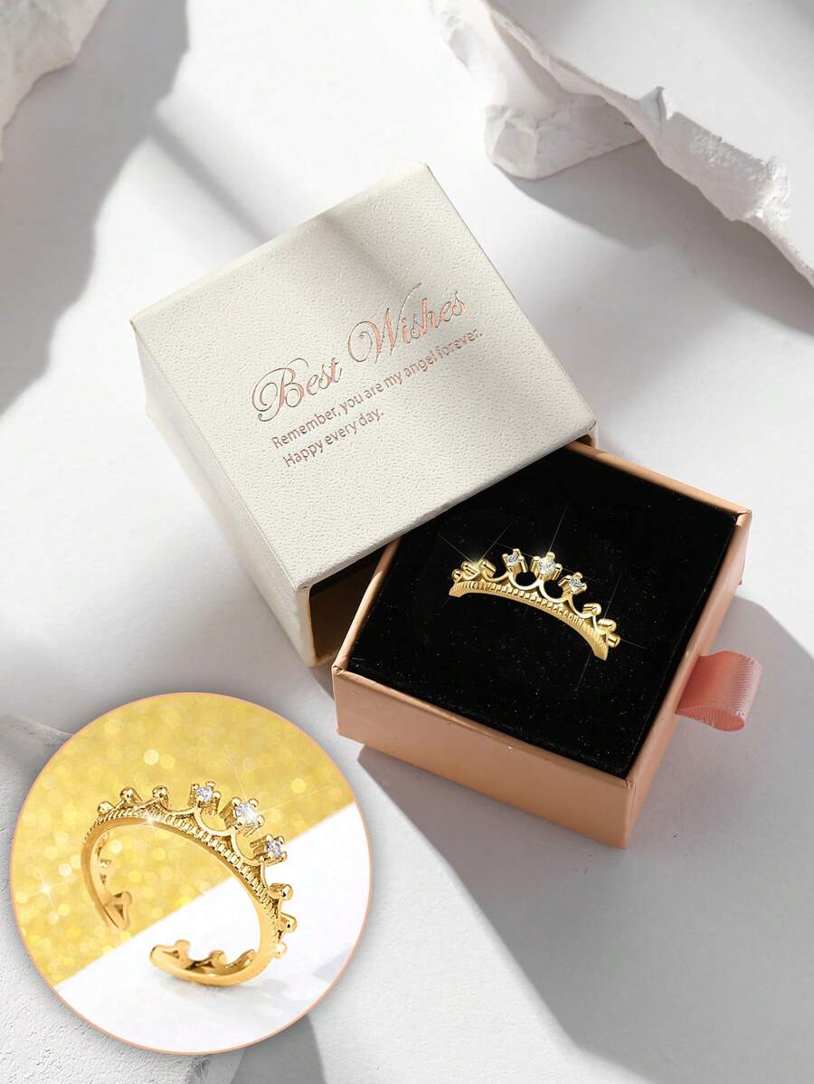 Gift Box Gold Crown Ring For Women, Princess Crown Ring With Cubic Zirconia, Adjustable Open Ring, Bridal Party Statement Jewelry - Gold - View 1
